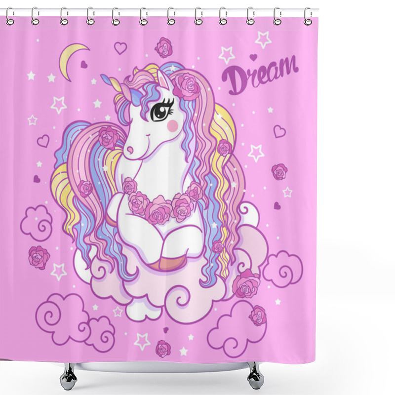 Personality  Dream. Beautiful White Unicorn Among Clouds And Roses On A Pink Background. Vector Illustration. Shower Curtains