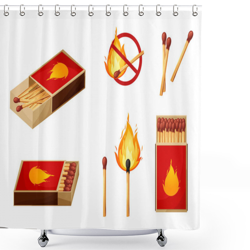 Personality  Burnt Match Stick With Fire And Matchbox. Set Of Boxes, Opened And Close Isplated On White Background. Vector Illustration. Shower Curtains