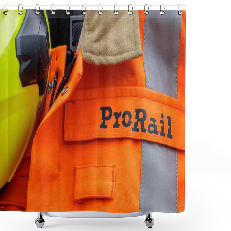 Personality  Velp, The Netherlands - June 1, 2024: Safety Jacket Of ProRail, A Dutch Organization Responsible For The Railway Network Of The Netherlands In Velp, The Netherlands Shower Curtains