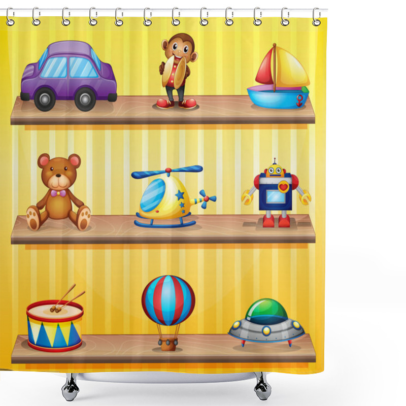 Personality  Different Toys Arranged At The Wooden Shelves Shower Curtains