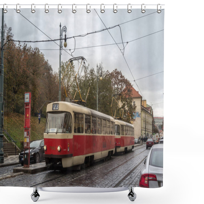 Personality  PRAGUE, CZECHIA - NOVEMBER 2, 2019: Prague Tram, Or Called Prazske Tramvaje, Tatra T3 Model, On The Stop In Zizkov District Managed By DPP, It Is The Main Public Transporation Network Shower Curtains