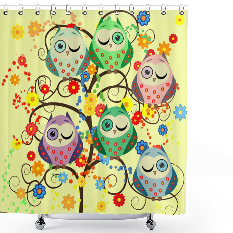 Personality  Bright Cute Cartoon Owls Sit On The Flowering Branches Of Fantastic Trees Shower Curtains