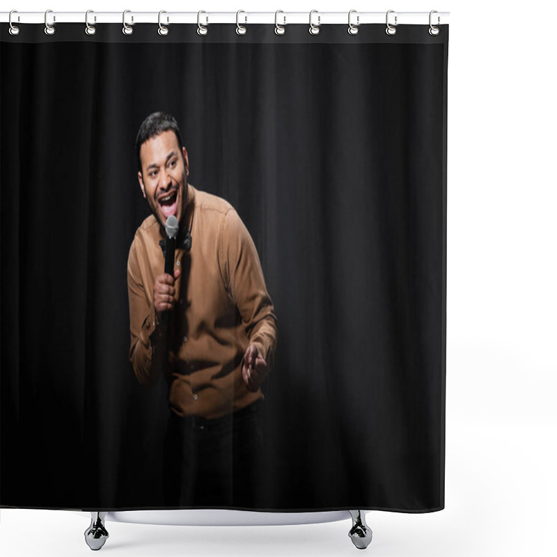 Personality  Amazed Indian Stand Up Comedian Telling Jokes Into Microphone On Dark Stage On Black  Shower Curtains