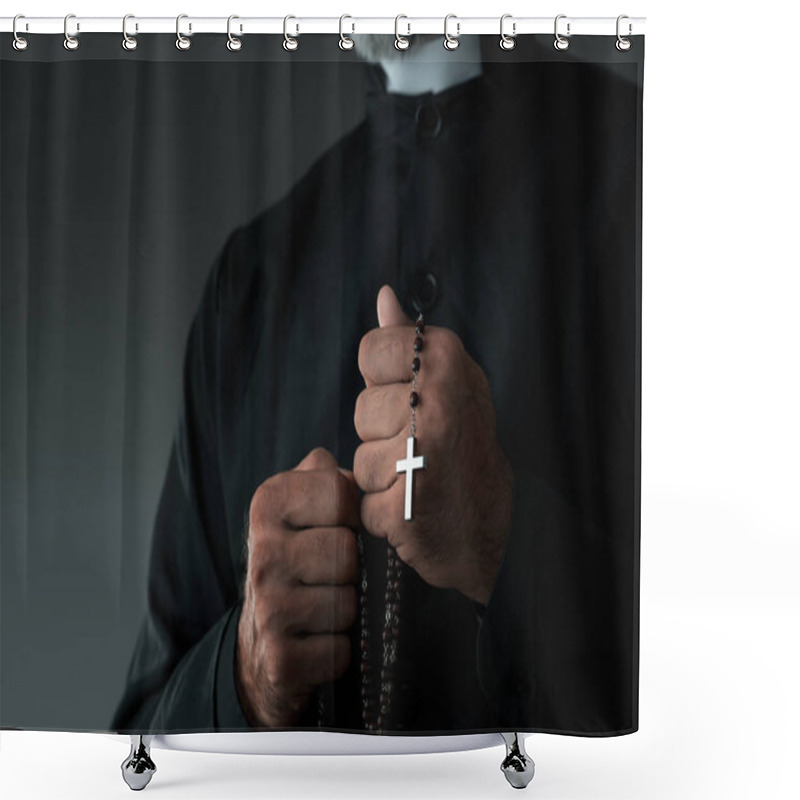 Personality  Close Up Of A Priest Holding Rosary With Copy Space Shower Curtains