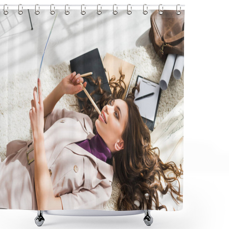 Personality  Overhead View Of Pensive Woman Lying On Carpet And Looking At Paper Near Fashion Sketches  Shower Curtains