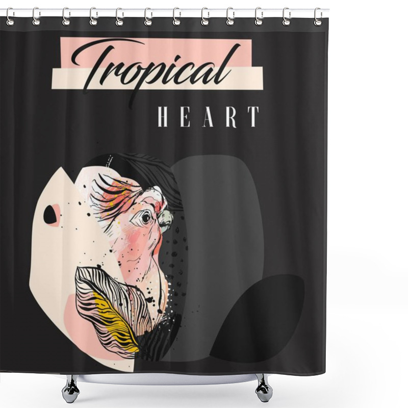 Personality  Hand Drawn Vector Abstract Creative Tropical Parrot Collage With Freehand Organic Texture And Tropical Heart Modern Calligraphy In Pastel Colors Isolated On Black Shower Curtains