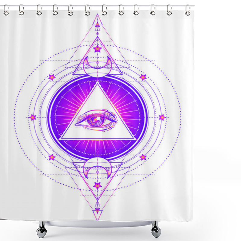 Personality  Sacred Geometry Symbol With All Seeing Eye Isolated On White. Mystic, Alchemy, Occult Concept. Design For Indie Music Album Cover, T-shirt Print, Boho Poster, Flyer. Astrology, Shamanism, Religion. Shower Curtains