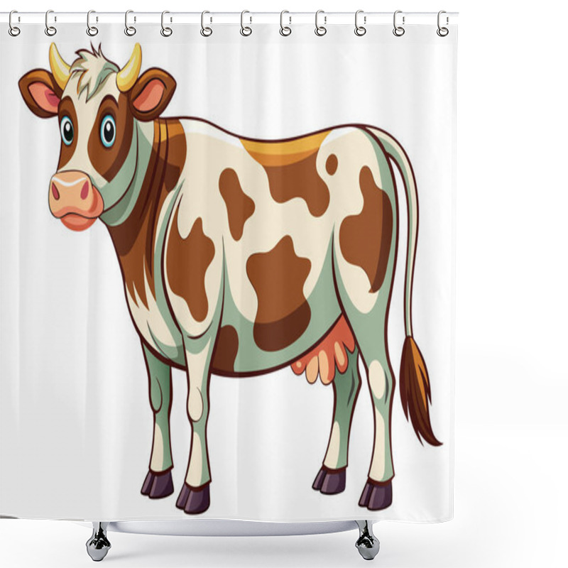 Personality  Cartoon Brown And White Cow With Horns. Farm Animal Illustration. Cute Cow Design. Bovine, Livestock, Rural Life Concept. Isolated On White Background. Shower Curtains