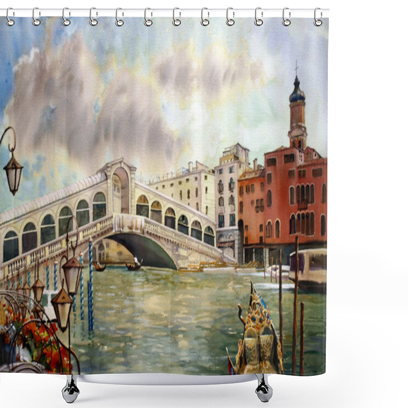 Personality  A View Of The Canal With Rialto Bridge, Boats And Buildings In Venice, Painted By Watercolor Shower Curtains