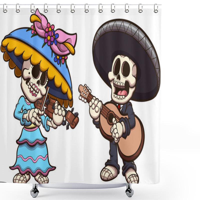 Personality  Mexican Mariachi And Catrina Skeleton. Vector Clip Art Illustration With Simple Gradients. Shower Curtains