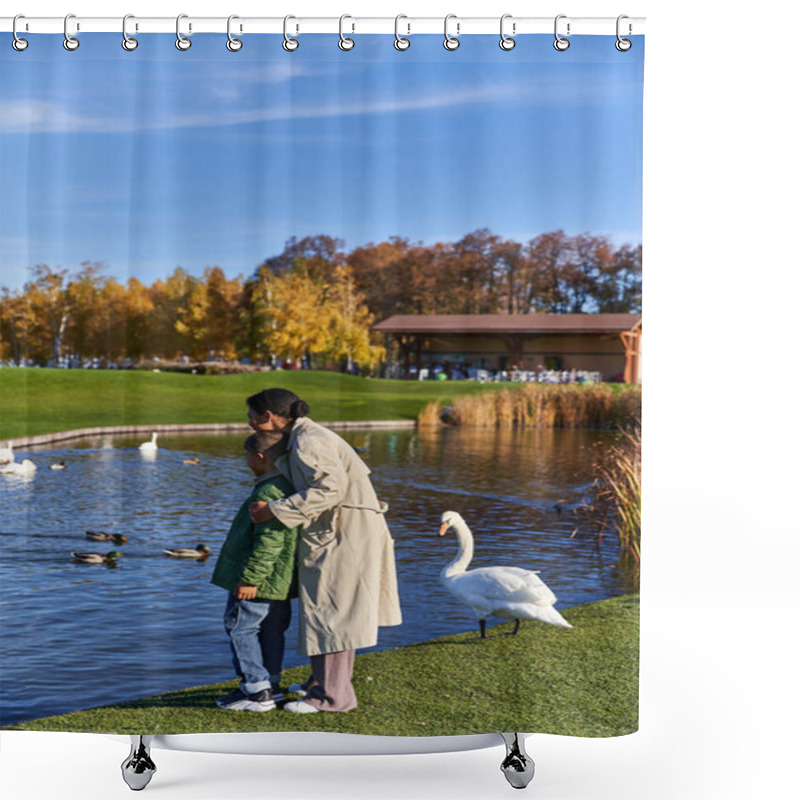 Personality  Bonding, African American Woman And Son In Outerwear Standing Near Swans In Pond, Autumn Season Shower Curtains