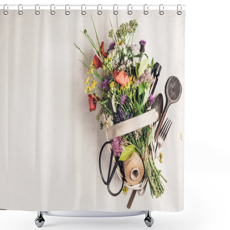 Personality  Flat Lay Of Wild Healing Herbs And Flowers. Clean Eating, Paleo, Biohacking, Herbal Medicine Concept Shower Curtains