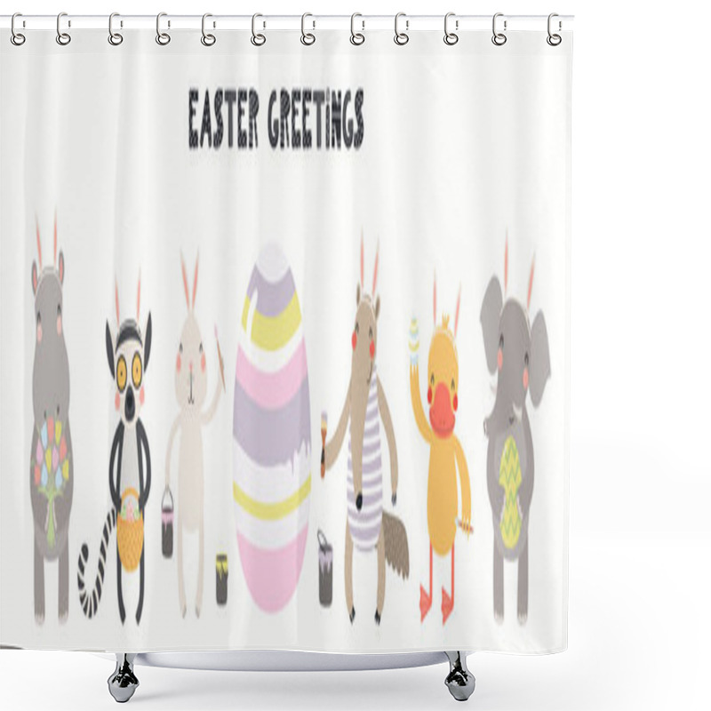 Personality  Hand Drawn Banner With Cute Animals, Eggs, Text Easter Greeting Isolated On White Background. Scandinavian Style Flat Design. Concept Kids Holiday Print Shower Curtains