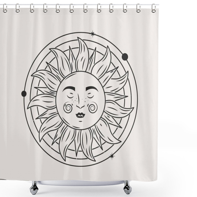 Personality  Mystical Esoteric Sun. Poster Or Banner For Website, Graphic Element For Printing On Clothes. Symbol Of Day, Galaxy And Solar System. Witchcraft, Sorcery And Magic. Cartoon Flat Vector Illustration Shower Curtains