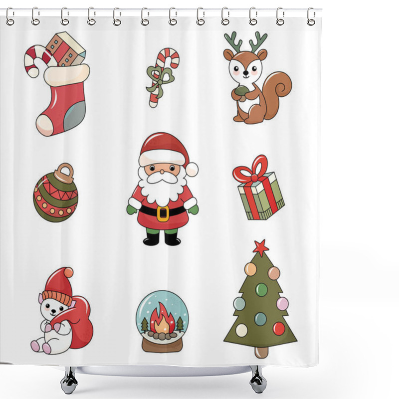 Personality  Cute Cartoon-style Christmas Illustration. A Set Of Festive Items: Santa Claus, Christmas Tree, Gifts, Christmas Tree Toy, Polar Bear With A Bag Of Gifts, Reindeer, Lollipop, Snow Globe With Fireplace, Christmas Sock With Gifts. Bright And Colorful E Shower Curtains