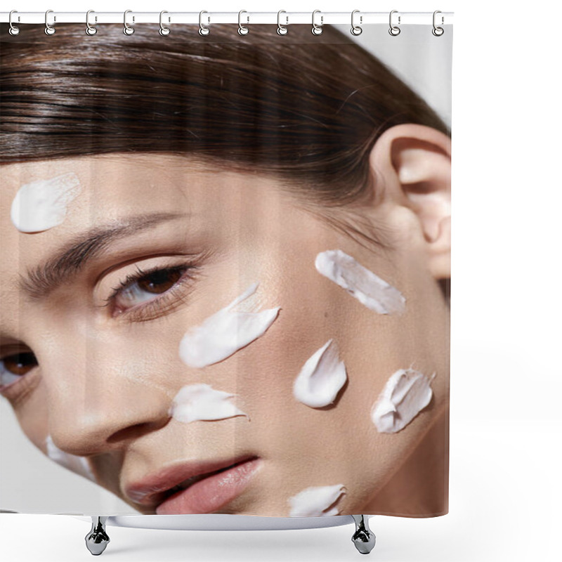 Personality  A Beautiful Young Woman With A Generous Amount Of Cream On Her Face, Taking A Moment To Pamper Her Skin With Care. Shower Curtains