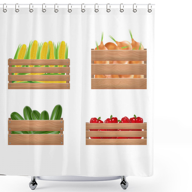 Personality  Realistic Detailed 3d Vegetables Wooden Box Set. Vector Shower Curtains