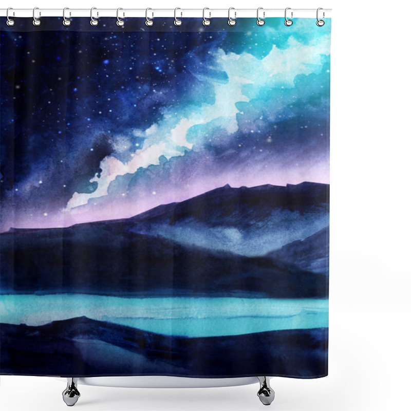 Personality  Night Landscape. Dark Silhouettes Of Mountains. Starry Sky With Northern Lights. Milky Way. Pink And Blue Rays. The Surface Of The Water Or Lake. Mystical Place. Hand-drawn Watercolor Illustration Shower Curtains