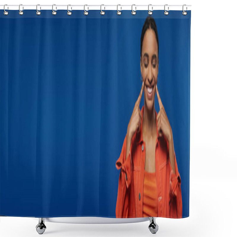 Personality  An African American Man In An Orange Shirt Makes A Silly Face Against A Blue Backdrop. Shower Curtains