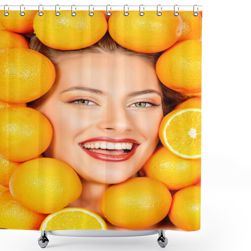 Personality  Orange Fun. Healthy Eating Concept. Shower Curtains