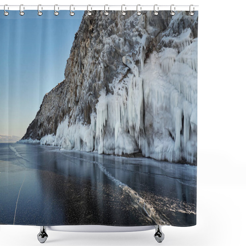 Personality  Icicles Hang From The Rocks. Lake Baikal Is A Frosty Winter Day. Shower Curtains