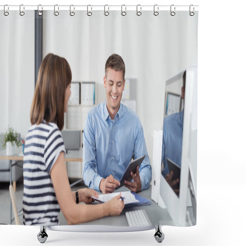 Personality  Happy Business People Talking With Tablet Computer Shower Curtains