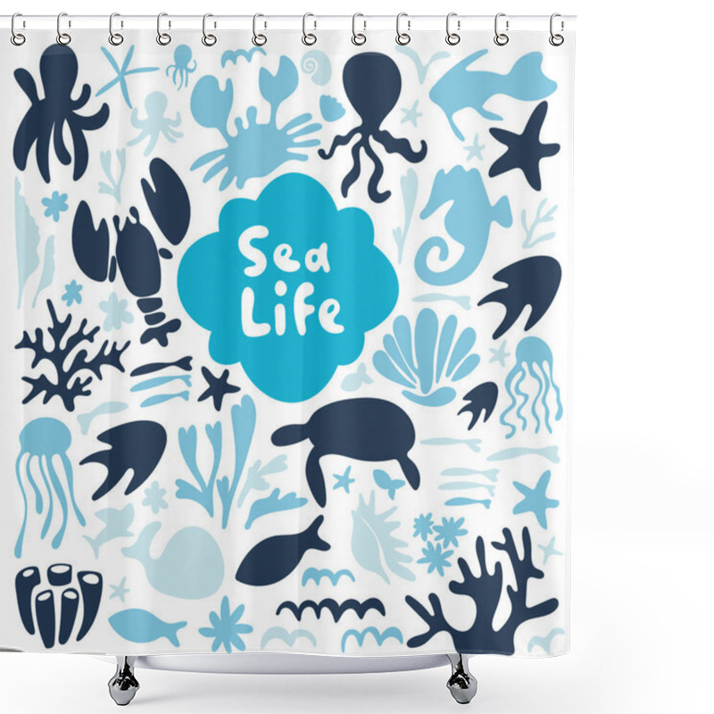 Personality  Sea Life, Ocean Trip, Underwater World, Summer Marine Cruise, Seafood, Pier Cartoon Primitive Design Elements. Collection Of Doodle Flat Illustration. Isolated Stock Vector Set. Calm Blue And Indigo Shower Curtains