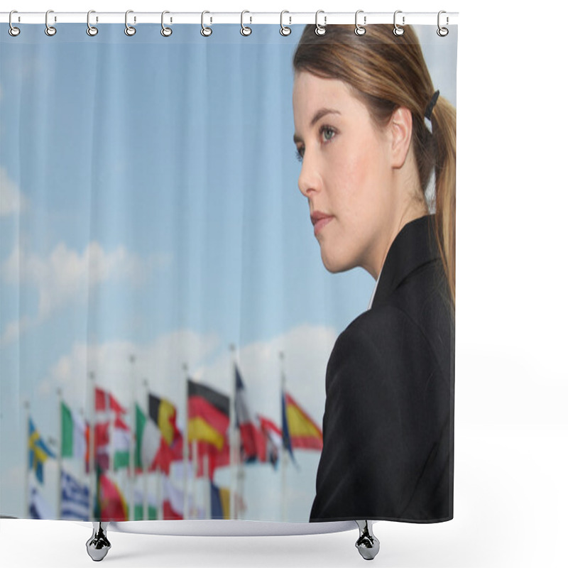 Personality  Woman With Flags In The Background Shower Curtains