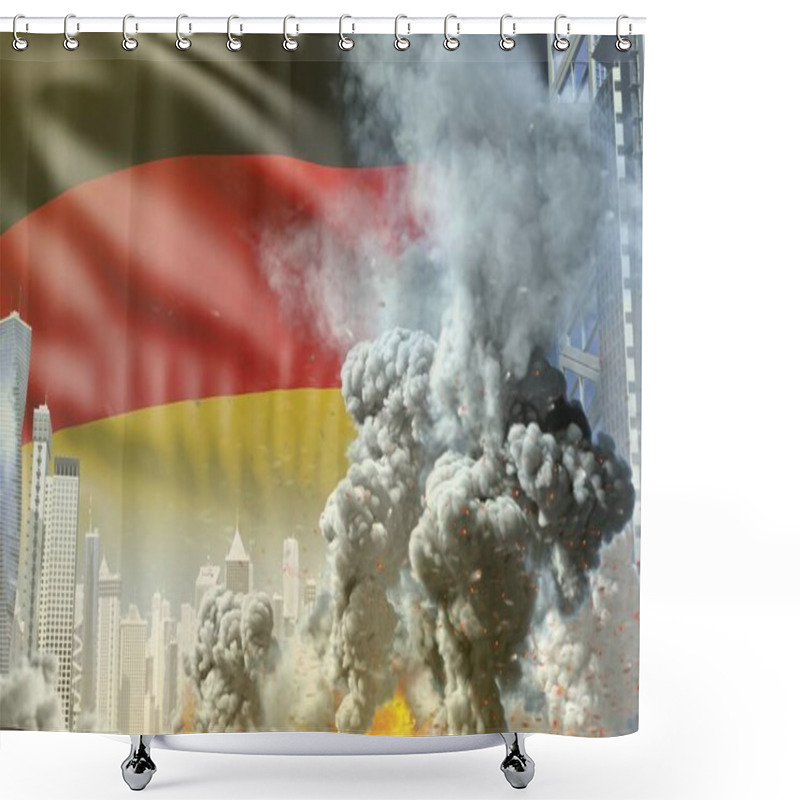 Personality  Big Smoke Column With Fire In Abstract City - Concept Of Industrial Blast Or Terrorist Act On Germany Flag Background, Industrial 3D Illustration Shower Curtains