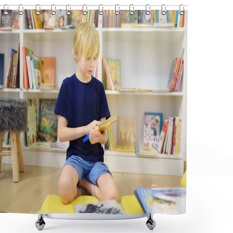 Personality  A Preteen Boy Leafing Through A Book While Sitting At The Bookshelves In A School Library Or Bookstore. Smart Kid Reading Comics Or Adventure Book Shower Curtains