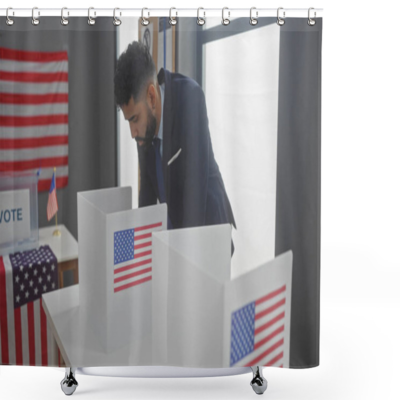 Personality  A Hispanic Man In A Suit Votes In A Room With American Flags, Symbolizing Electoral Participation. Shower Curtains