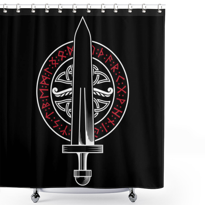 Personality  Viking Design. Viking Sword In A Circle From Ancient Scandinavian Runes And Celtic-Scandinavian Pattern Shower Curtains