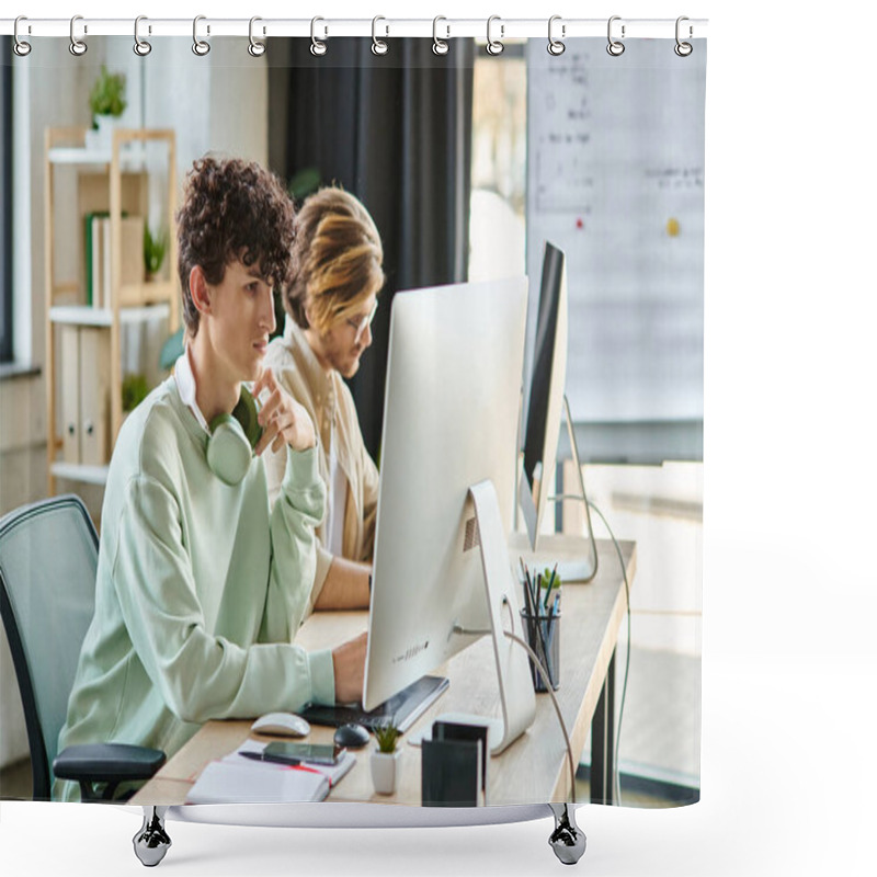 Personality  Curly-haired Man Concentrating On Retouching Work Near Coworker In A Startup Office Space Shower Curtains