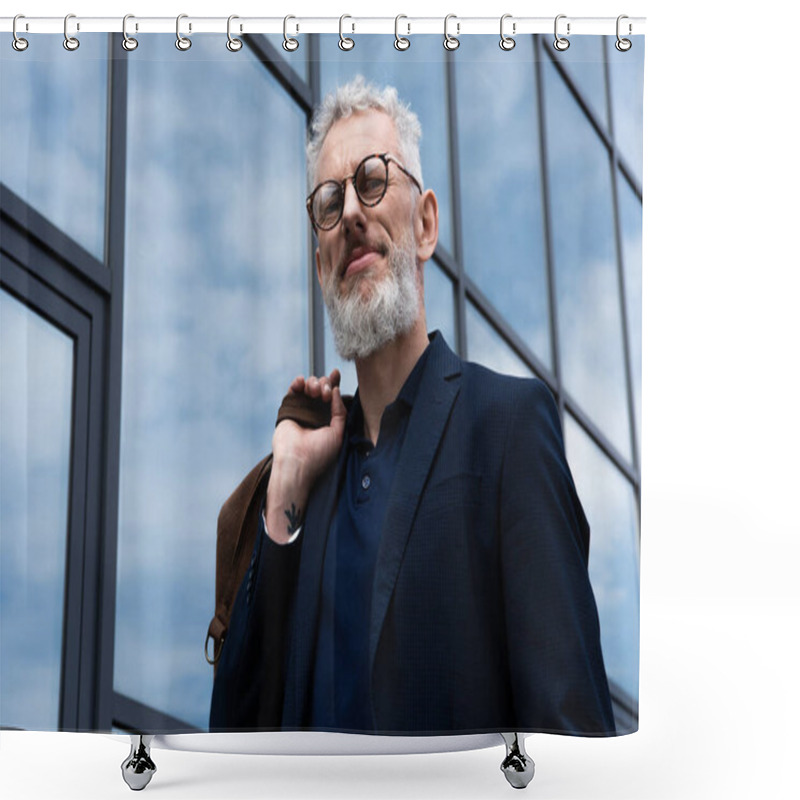 Personality  Tattooed Mature Man With Grey Hair Holding Leather Bag While Standing Near Building  Shower Curtains