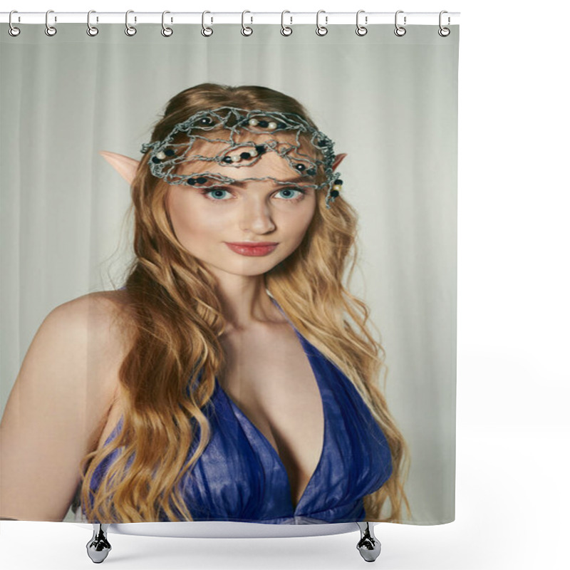 Personality  A Young Woman In A Blue Dress With A Crown On Her Head, Embodying The Essence Of A Fairy Princess In A Mystical, Studio Setting. Shower Curtains