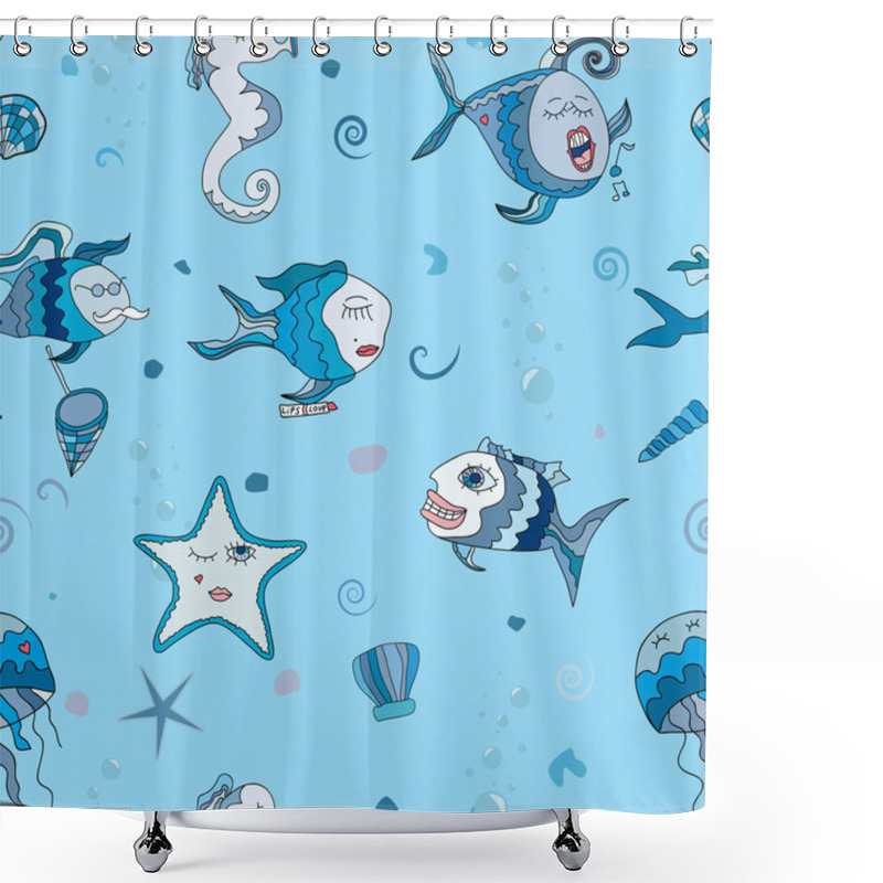 Personality  Seamless Texture With Abstract Fish And Sea World. Fish Sing And Smile Shower Curtains