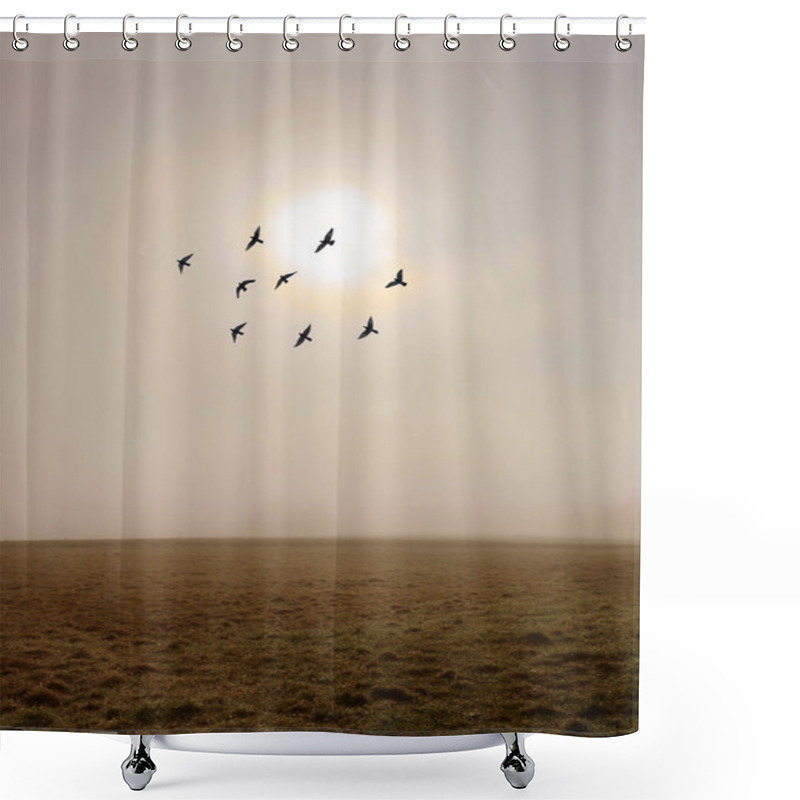 Personality  Fog In The Autumn Field With Flock Of Birds  Shower Curtains