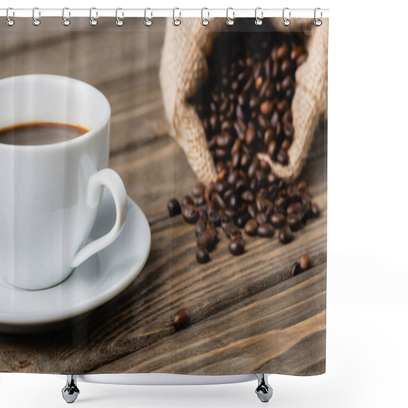 Personality  Blurred Sack Bag With Roasted Coffee Beans Near Cup On Wooden Surface  Shower Curtains