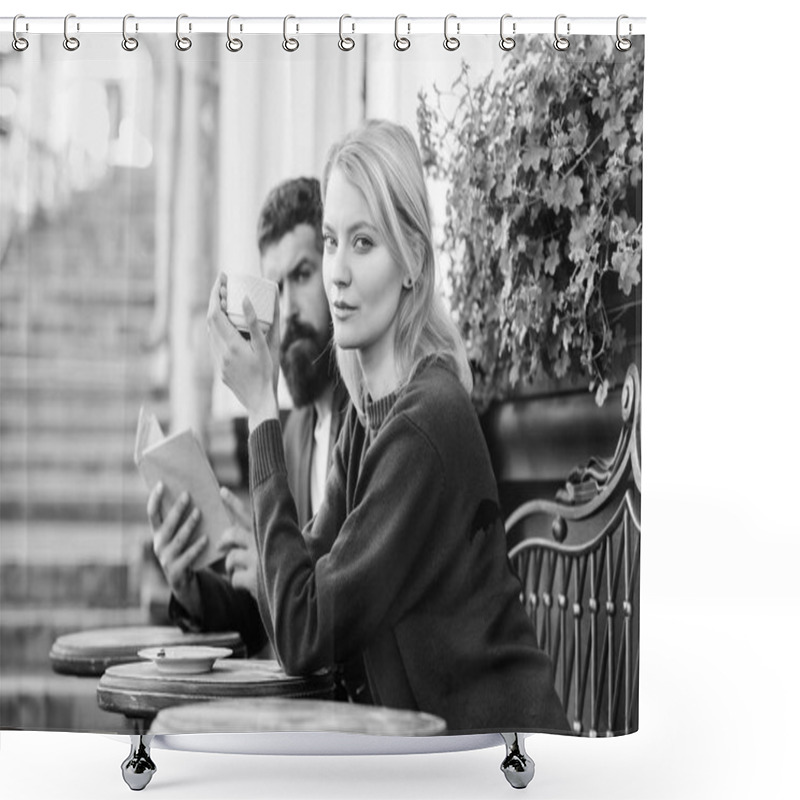 Personality  Morning Coffee. Couple In Love On Romantic Date. First Meet Of Girl And Mature Man. Brutal Hipster And Girl Drink Coffee. Woman And Man With Beard Relax In Cafe. Reading And Drinking Coffee In Care Shower Curtains