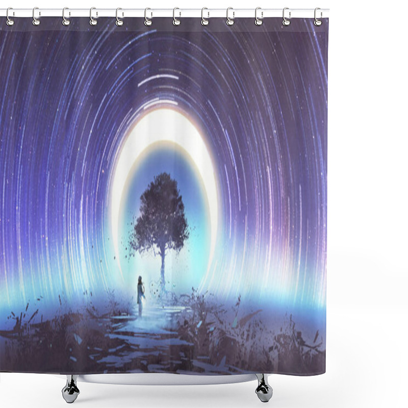 Personality  Young Woman Playing Guitar For The Magic Tree Against Star Trails And The Moon In The Sky, Digital Art Style, Illustration Painting Shower Curtains