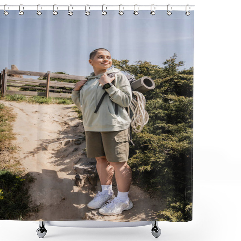 Personality  Smiling And Short Haired Female Hiker With Backpack, Fitness Mat And Climbing Rope Standing And Looking Away On Hill With Sky At Background, Hiker Finding Inspiration In Nature Shower Curtains