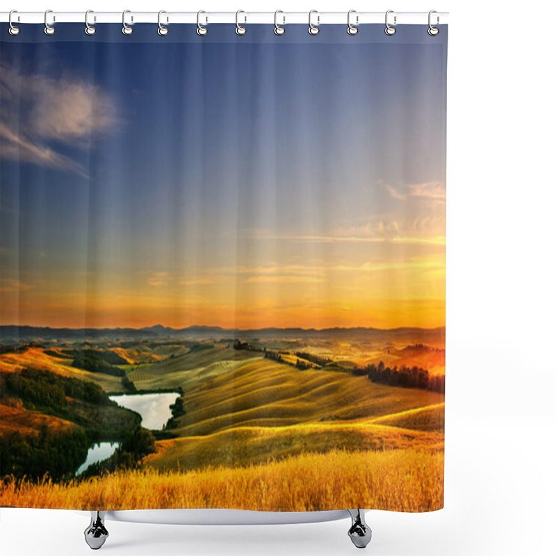 Personality  Tuscany, Rural Landscape On Sunset, Italy. Lake And Green Fields Shower Curtains