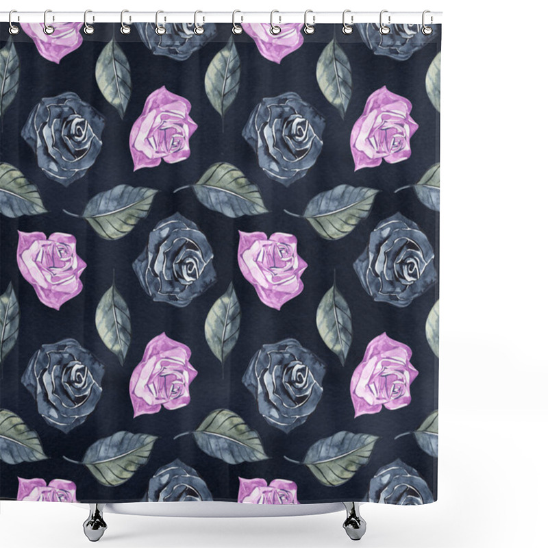 Personality  Hand Drawn Roses, Mimicking Folk Embroidery Stitches, On Dark Blue Background Floral Seamless Pattern Shower Curtains