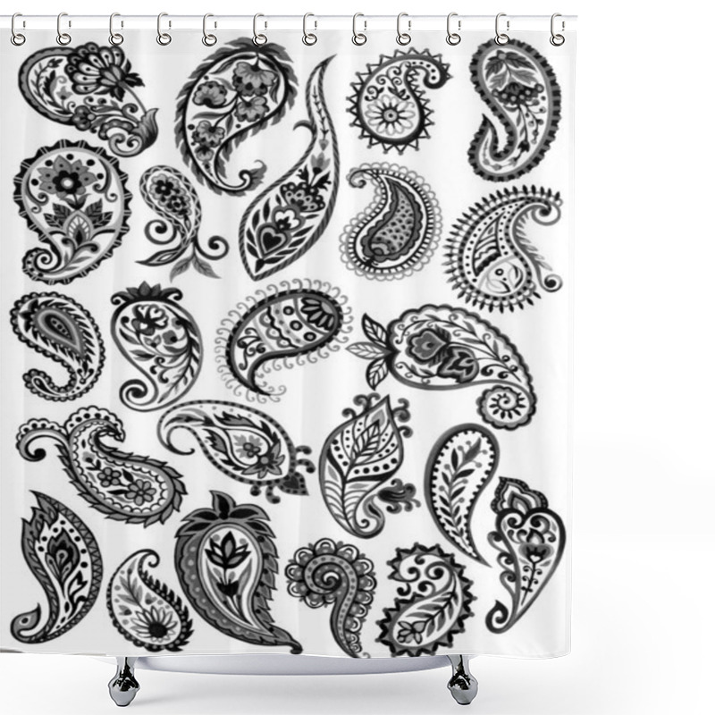 Personality  Set Of Paisley Eastern Outline Flower And Feather Mandala Folk Henna Tattoo Blackelements On White Background Hand Painting Shower Curtains