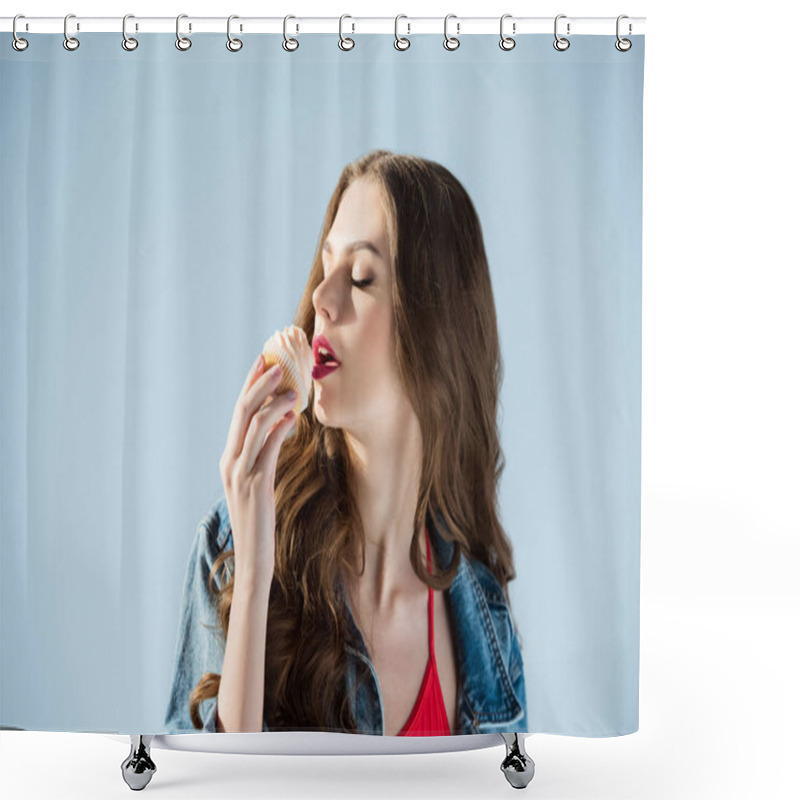 Personality  Seductive Woman Eating Cupcake With Closed Eyes Isolated On Grey Shower Curtains