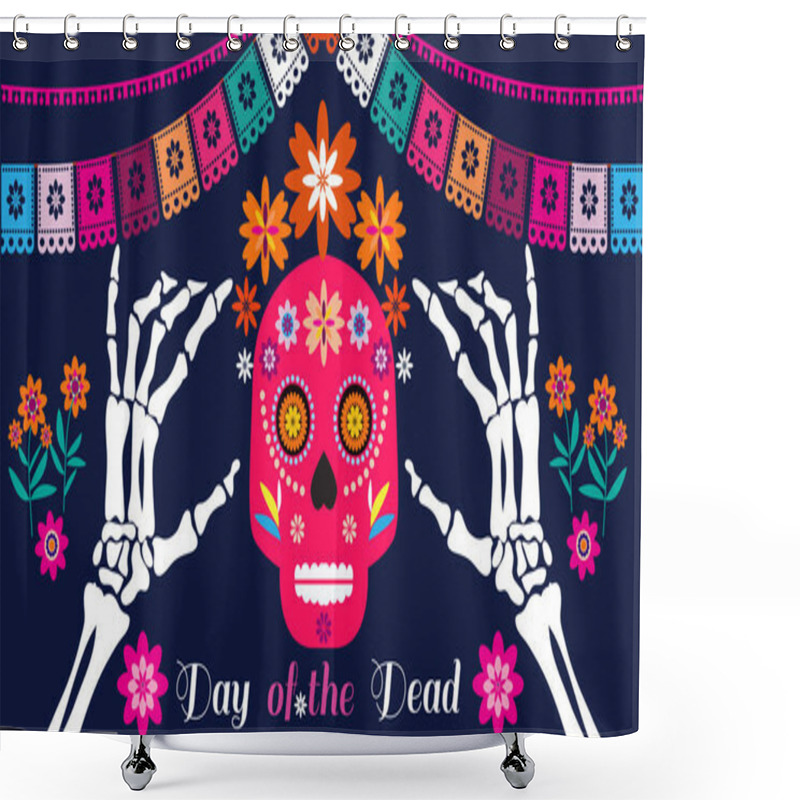 Personality  Dia De Los Muertos, Day Of The Dead Or Halloween Greeting Card,  Banner, Invitation. Sugar Tatoo Skulls, Candle, Maracas, Guitar, Sombrero And  Marigold Flowers, Catrina Calavera Traditional Mexico Skeleton Decoration Vector Illustration. Shower Curtains