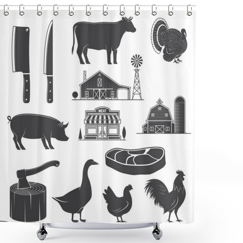 Personality  Farm Animals, Butsher Shop, Farm, Steak, Kitchen Knife Silhouettes Isolated On White. Vector. Rural Landscape With Trees, Farm, Butchery Shop Shower Curtains