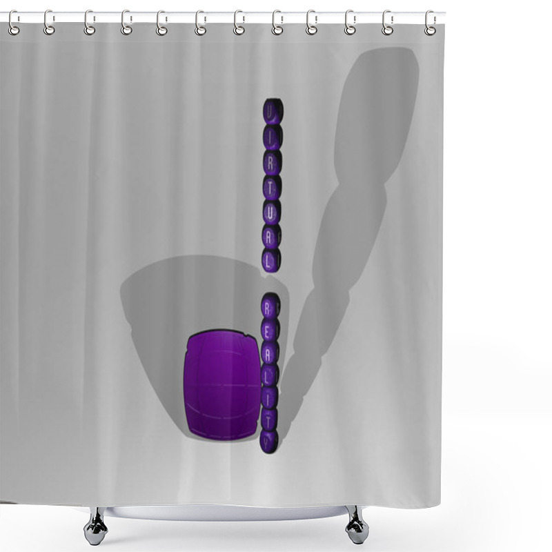 Personality  3D Representation Of Virtual Reality With Icon On The Wall And Text Arranged By Metallic Cubic Letters On A Mirror Floor For Concept Meaning And Slideshow Presentation. Illustration And Background Shower Curtains