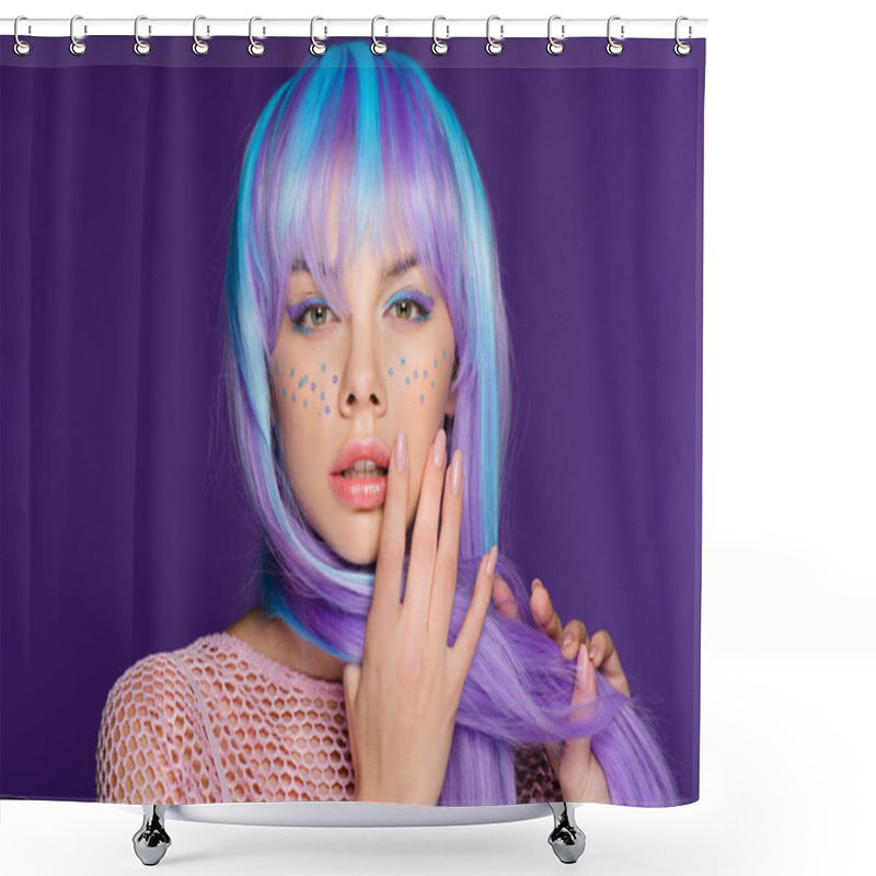 Personality  Beautiful Sensual Girl Posing In Violet Wig With Stars On Face, Isolated On Purple Shower Curtains