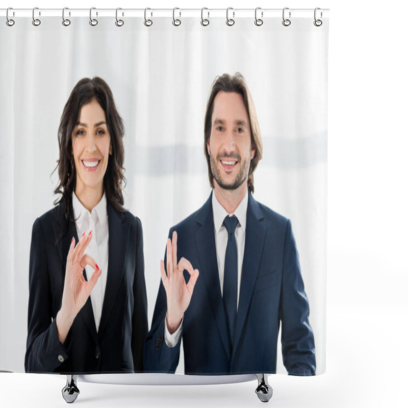 Personality  Cheerful Recruiters Smiling While Showing Ok Signs And Looking At Camera  Shower Curtains